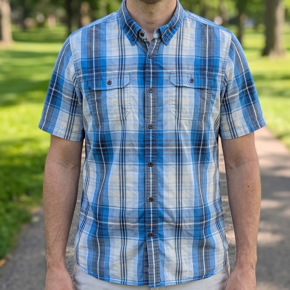 The North Face Mens Blue Plaid Short Sleeve Button Down Shirt Outdoor XL